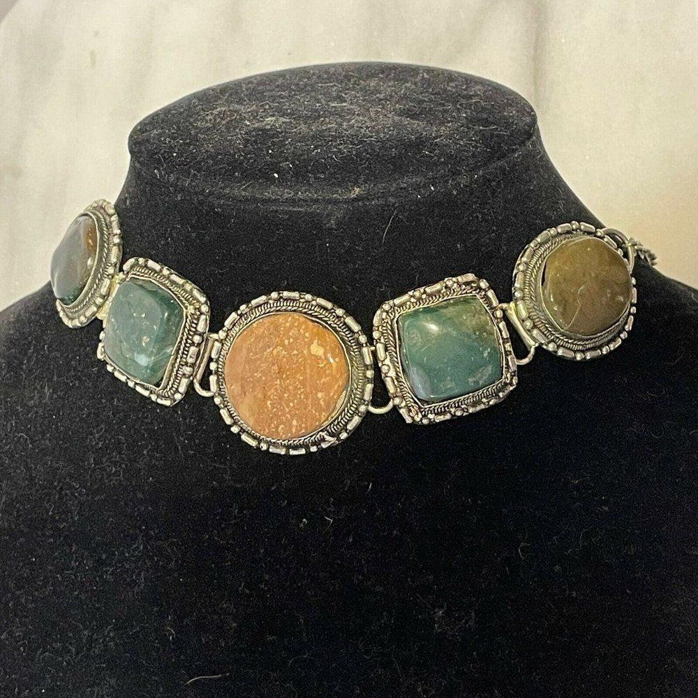 Vintage artisan Indian jasper stone silver tone